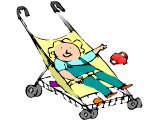 Baby in a buggy, throwing out his cup